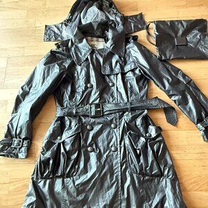 BURBERRY BLACK SILVER CHECK RAIN COAT JACKET W BAG SIZE 6 USA